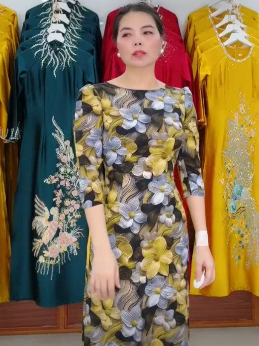 HQ-7: Ao Dai lua Han Quoc multi color florist 3D