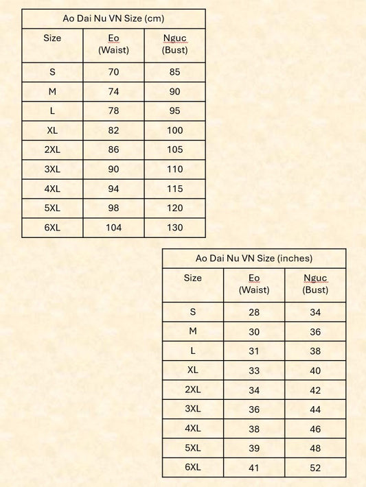 Ao Dai Nu VN Size Chart